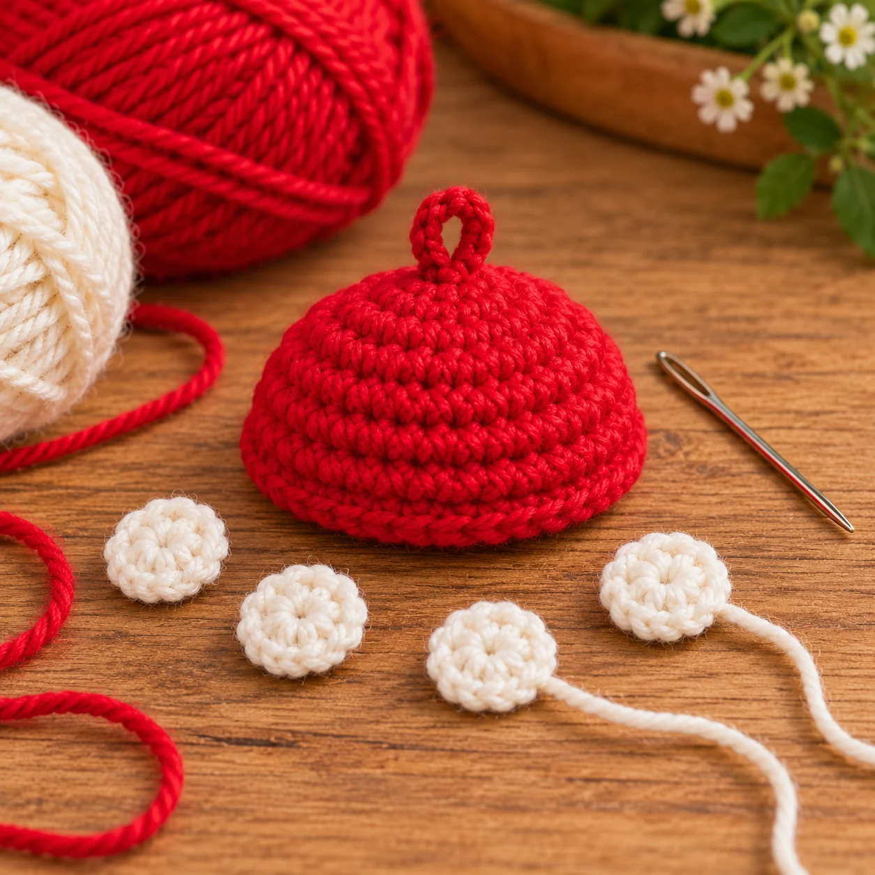 Red crochet mushroom cap with white spots ready for assembly