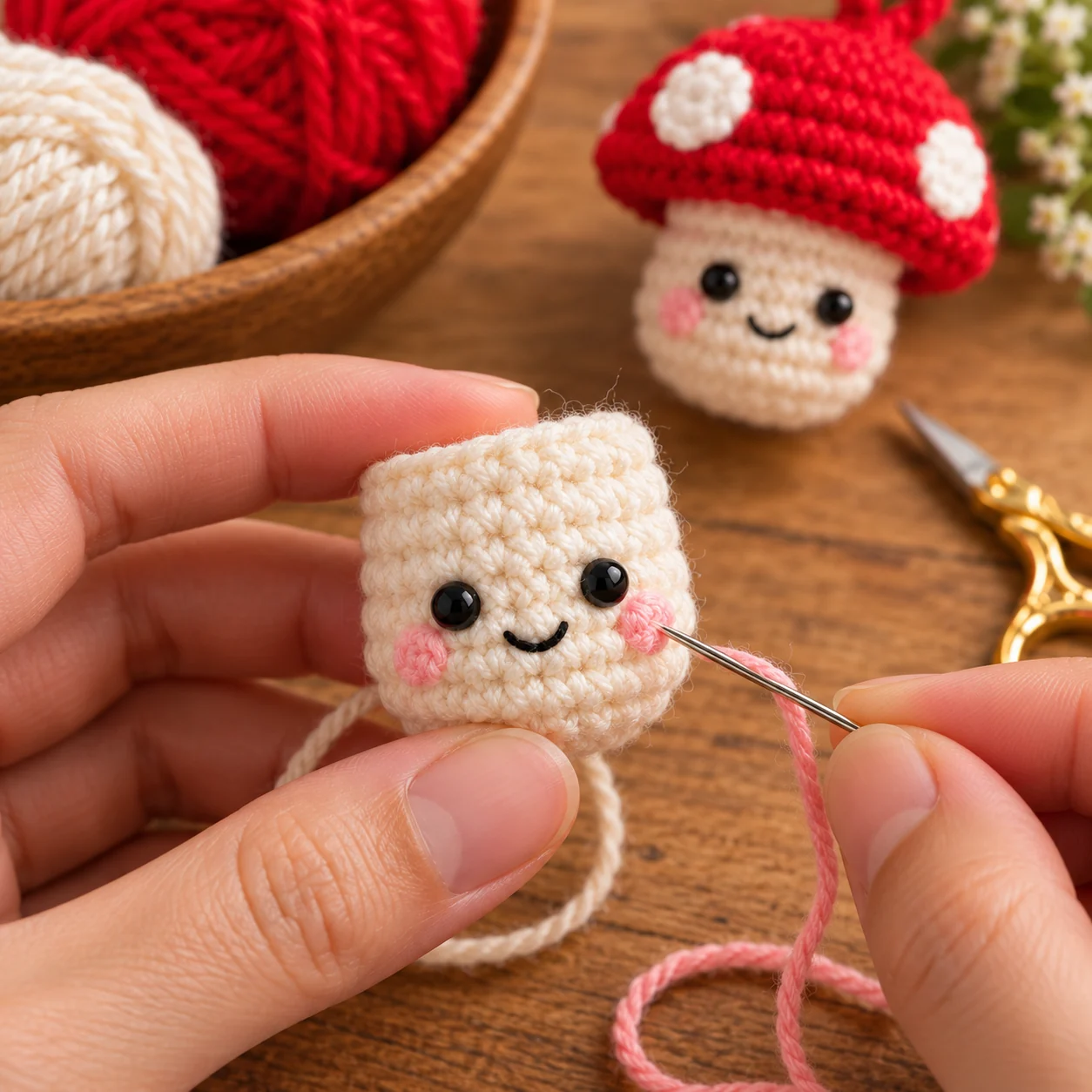 Embroidering the face on a cream crochet mushroom stem