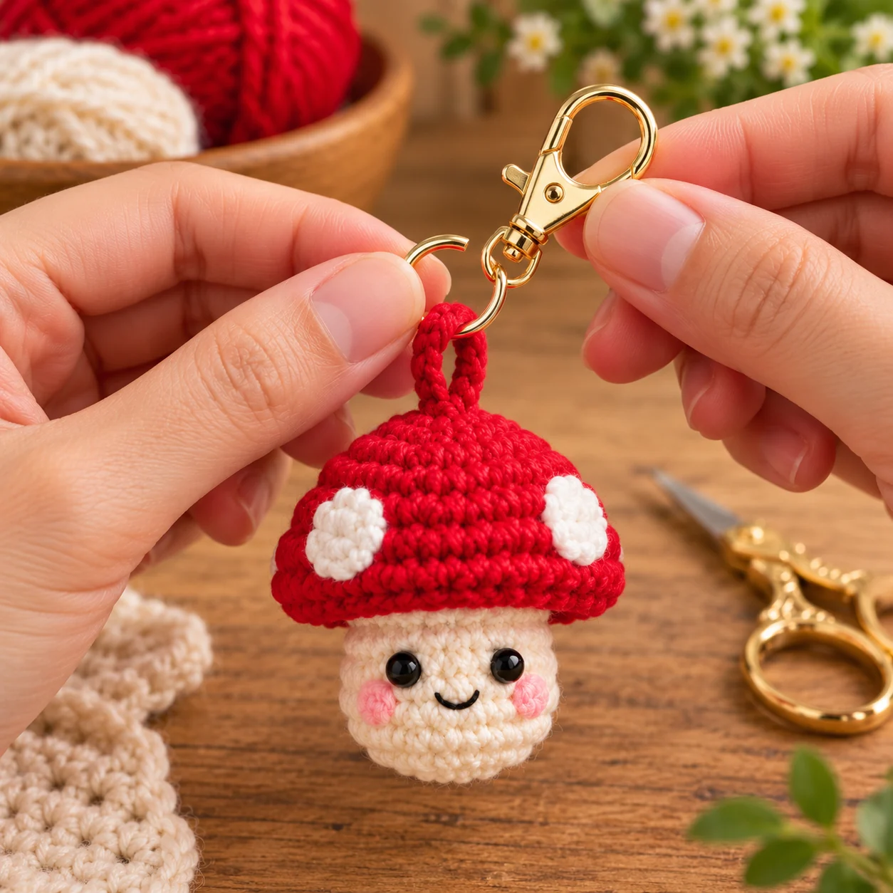 Attaching a gold jump ring and lobster clasp to a crochet mushroom charm