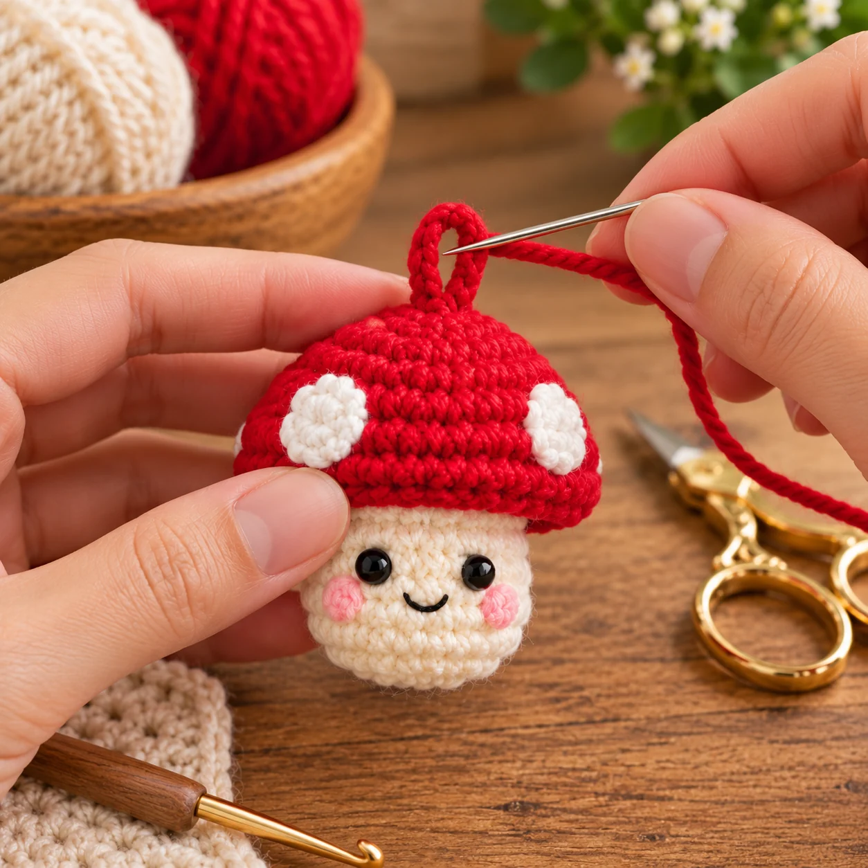 Reinforcing the red crochet loop on top of a mushroom charm