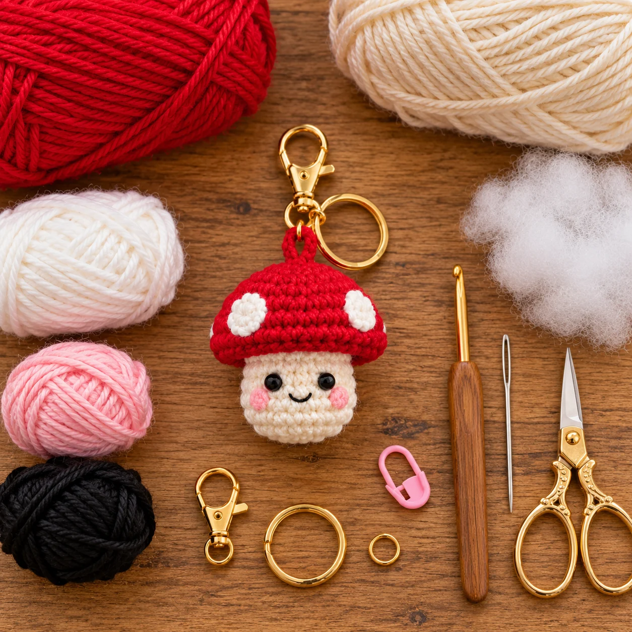 Yarn tools and hardware for a crochet mushroom keychain