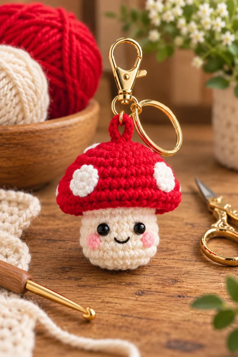 Finished red and cream crochet mushroom keychain with gold clasp