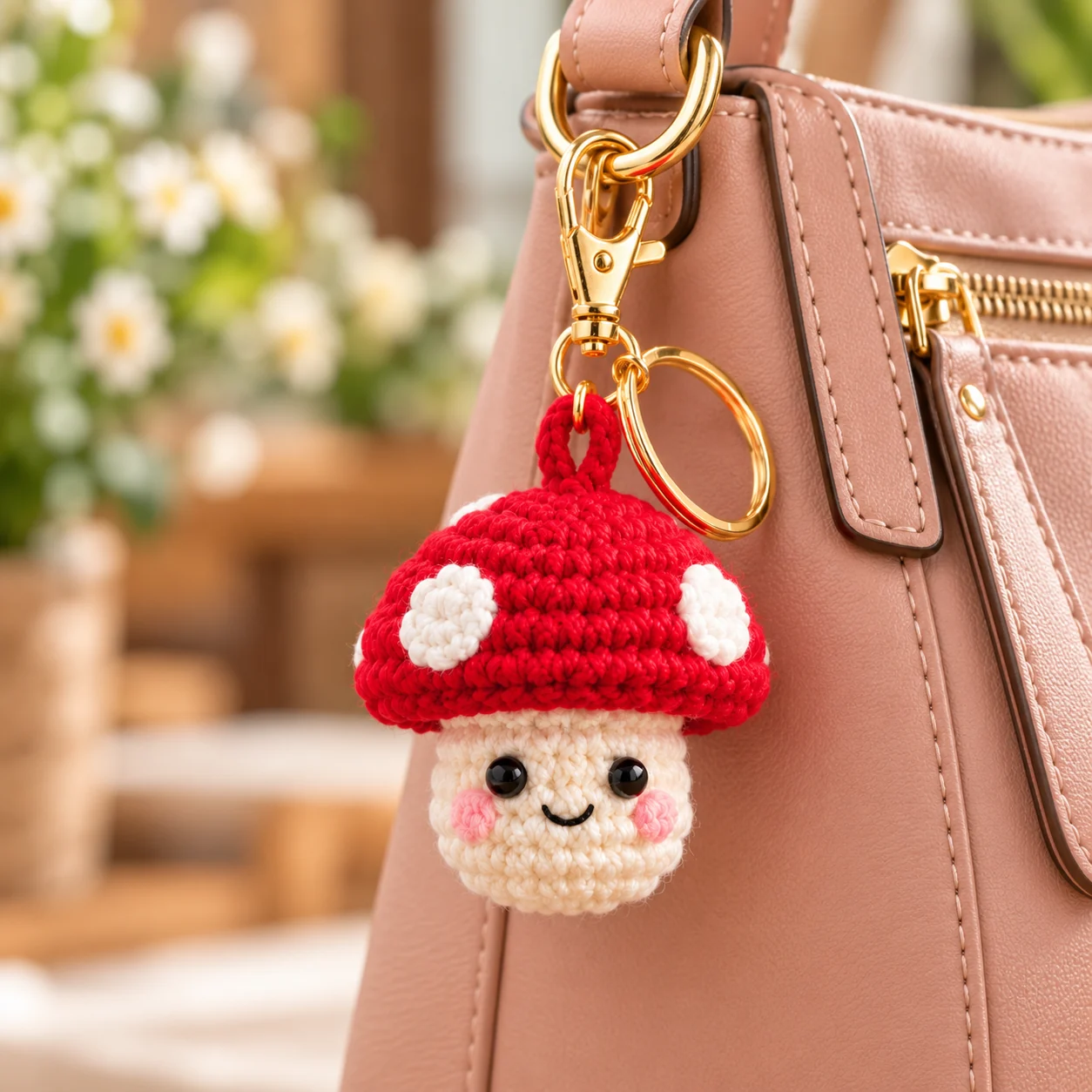 Crochet mushroom charm hanging from a pink purse