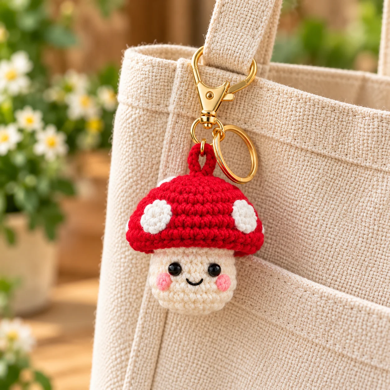 Crochet mushroom bag charm clipped to a beige canvas tote