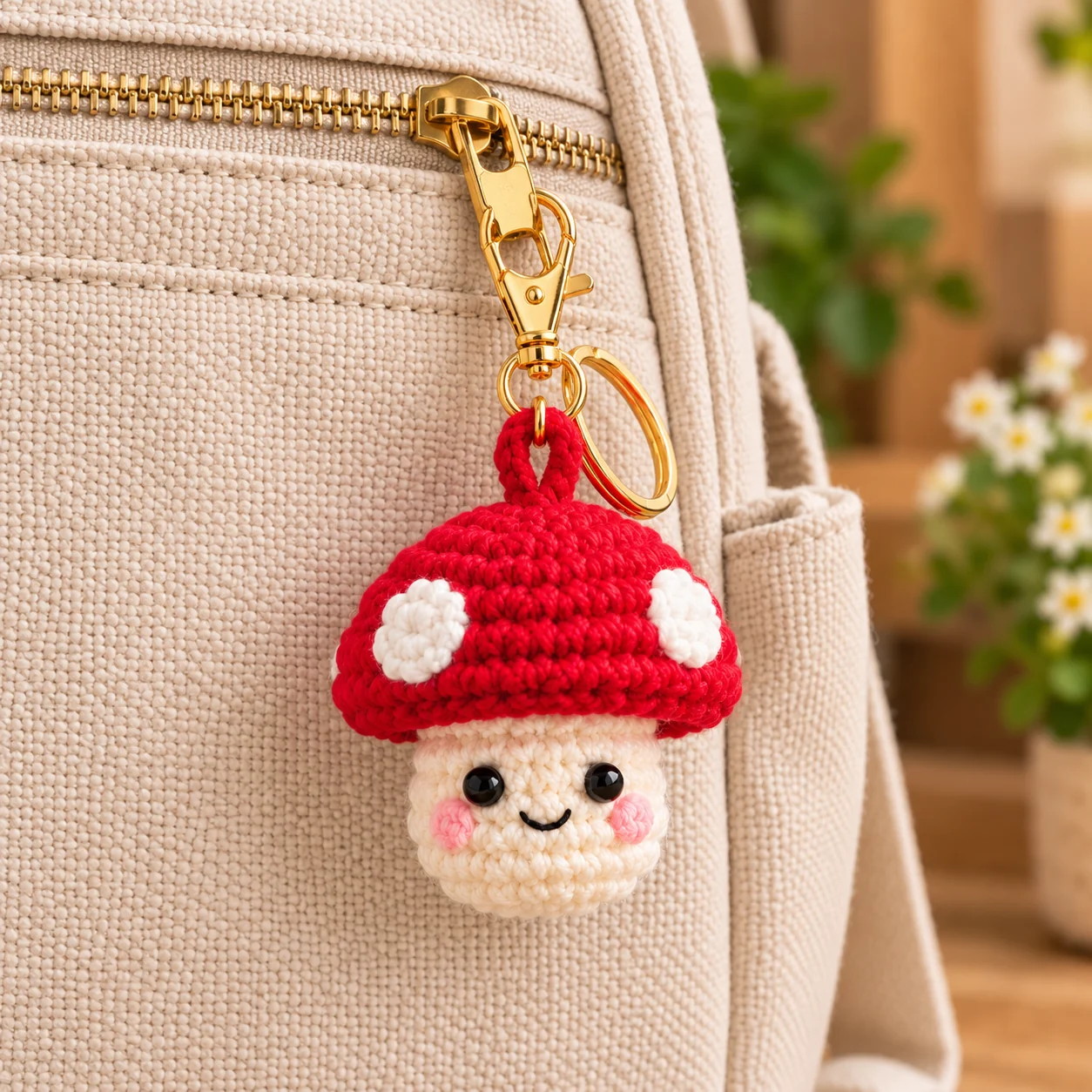 Crochet mushroom keychain clipped to a beige bag zipper