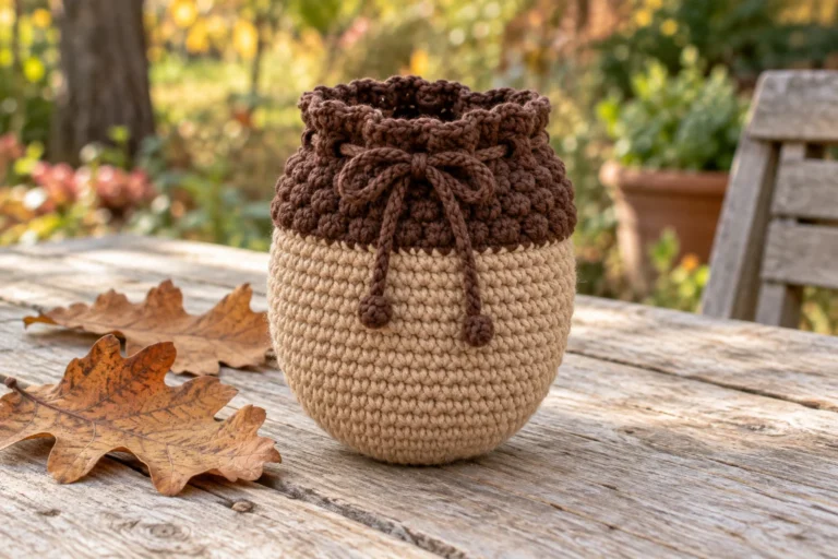 Crochet acorn drawstring pouch with tan body and textured brown cap