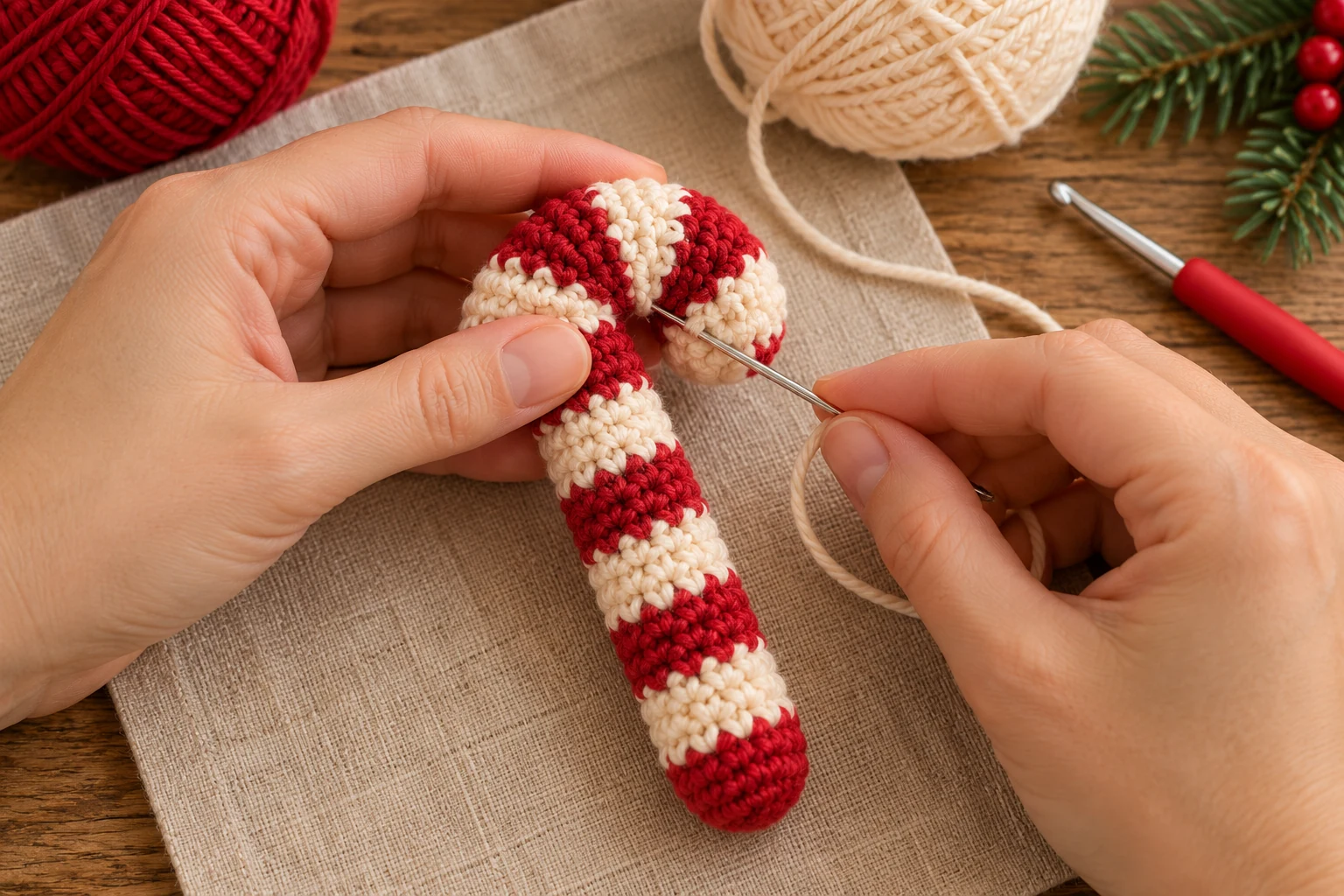 Sewing hidden shaping stitches inside the candy cane curve