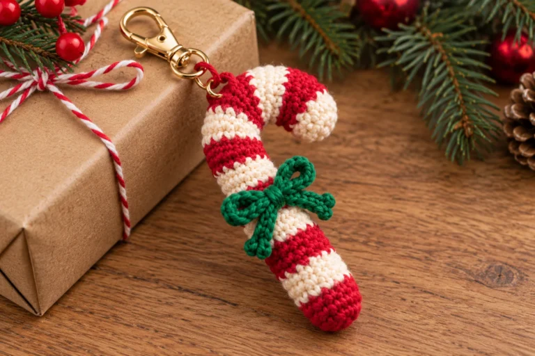 Finished red and cream crochet candy cane keychain with green bow and gold clasp