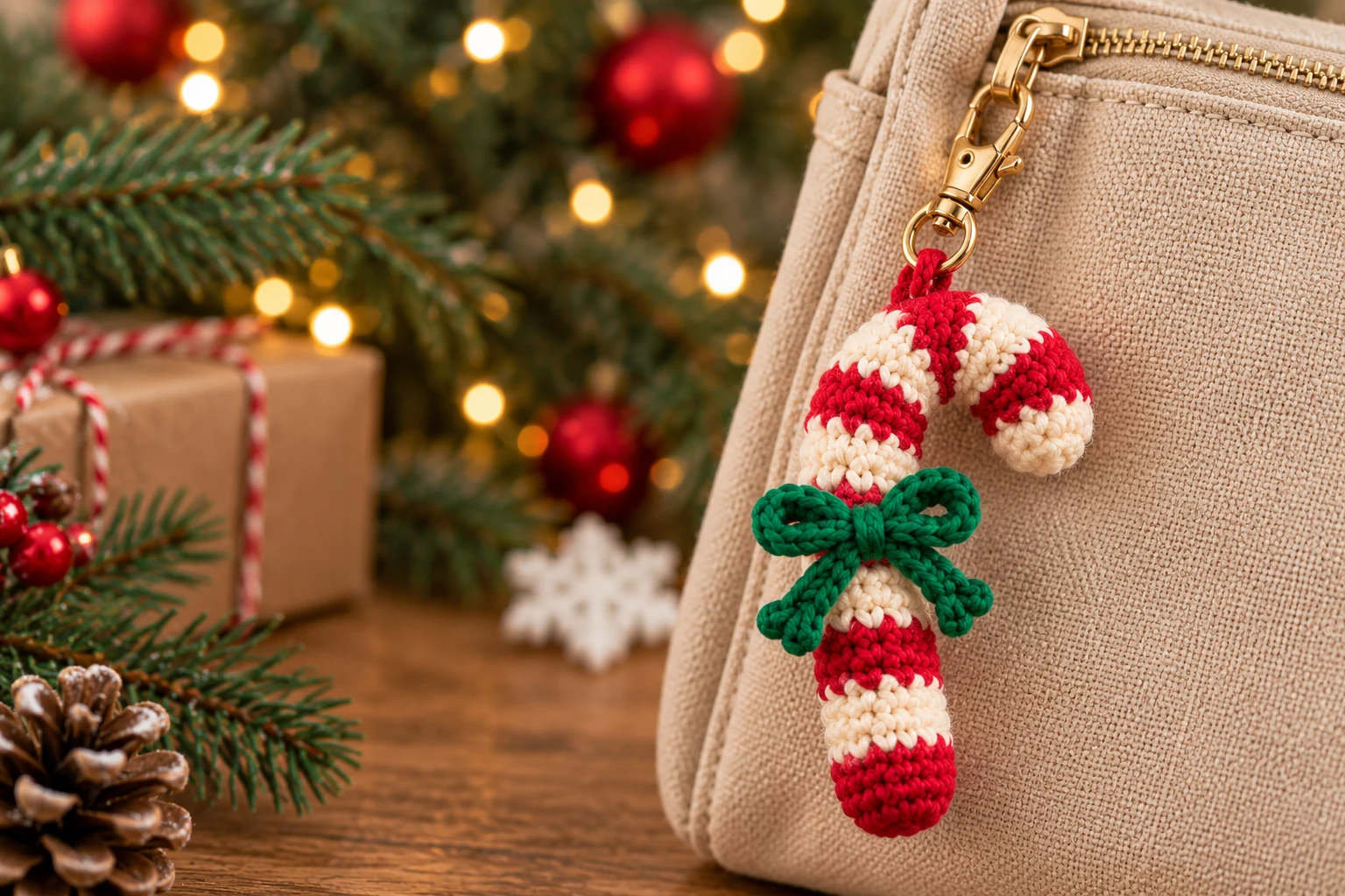 Finished crochet candy cane charm hanging from a beige bag