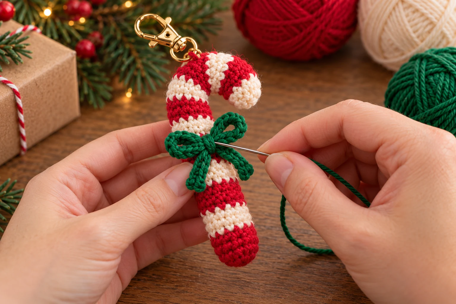 Sewing a green crocheted cord bow onto the candy cane