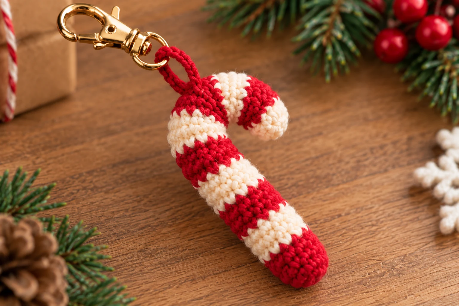 Red crochet hanging loop attached to a gold keychain clasp