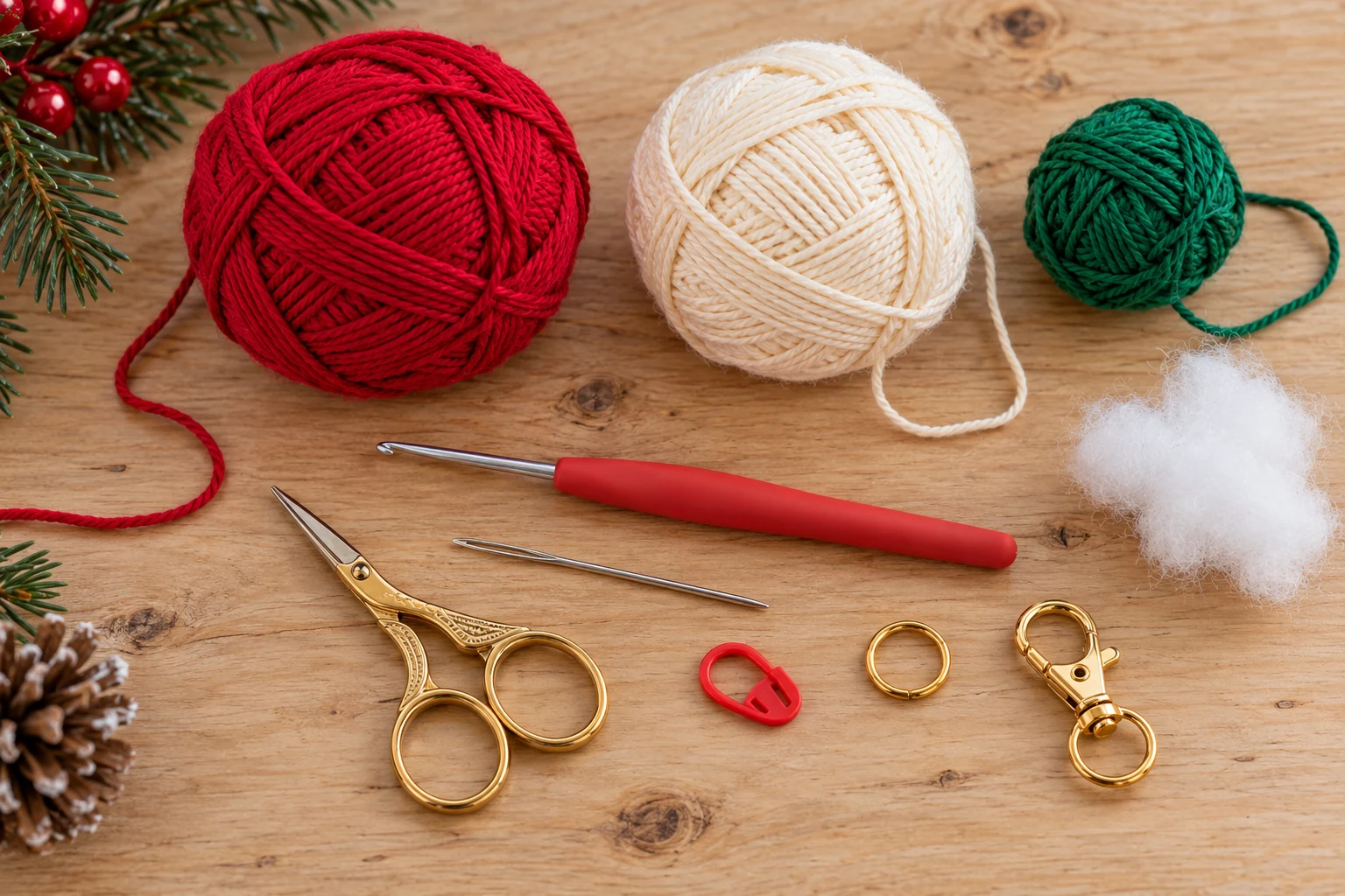 Yarn and tools for a crochet candy cane keychain