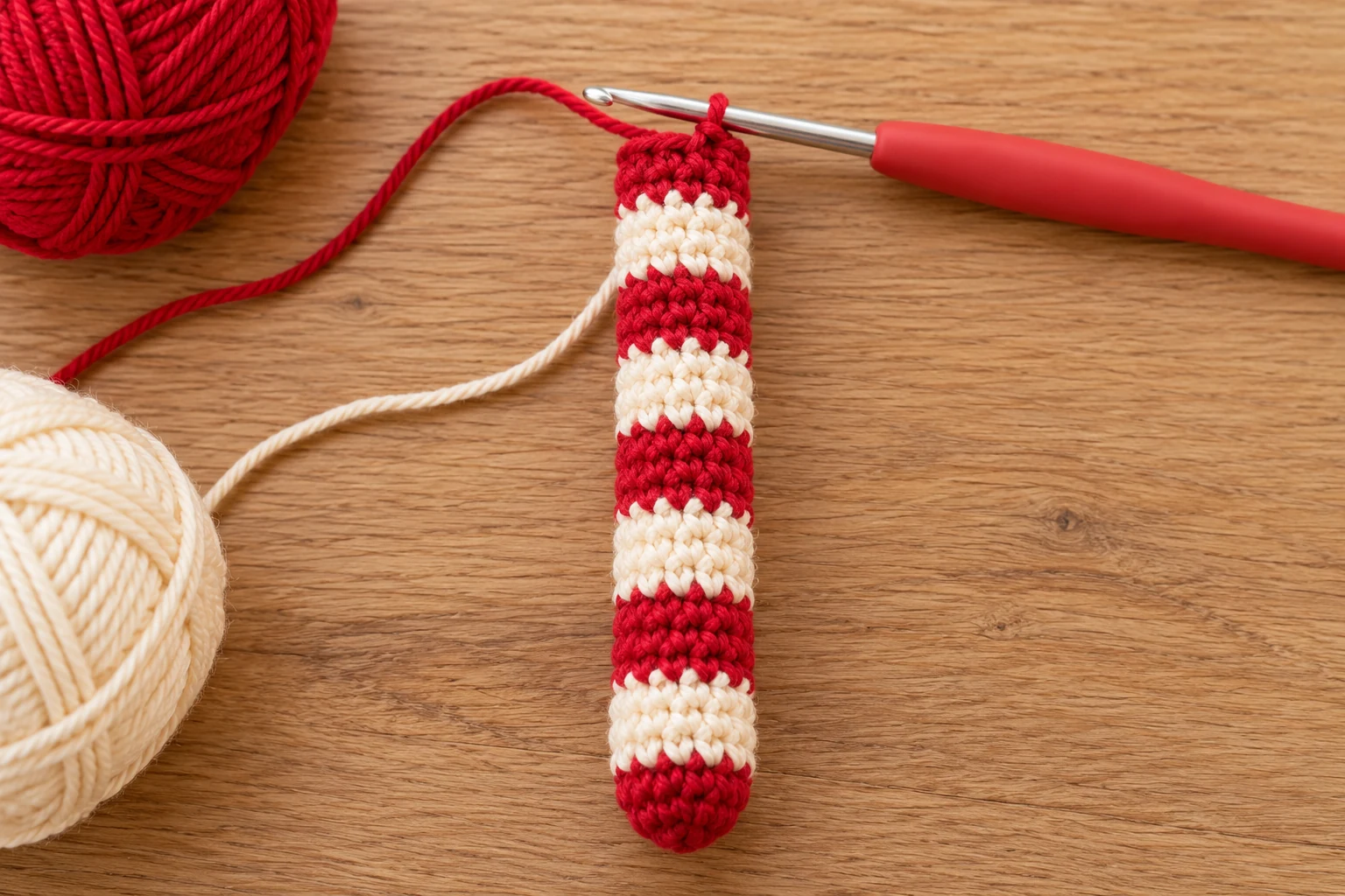 Straight red and cream striped crochet tube before stuffing