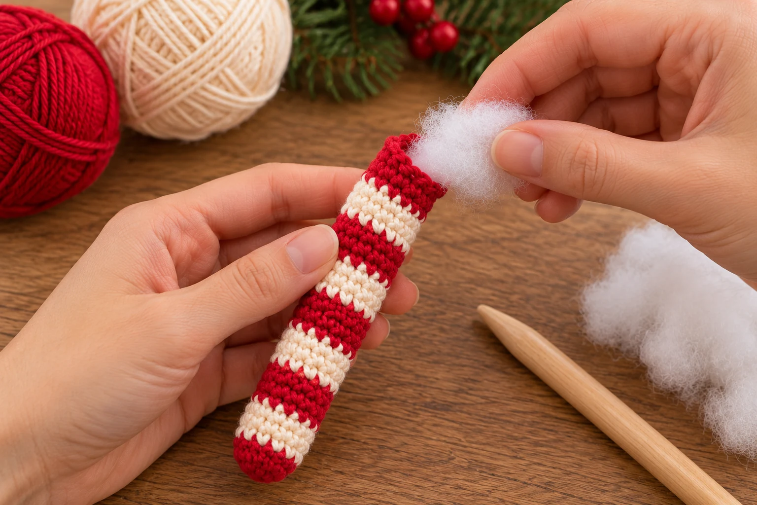 Adding fiberfill to the striped crochet candy cane tube