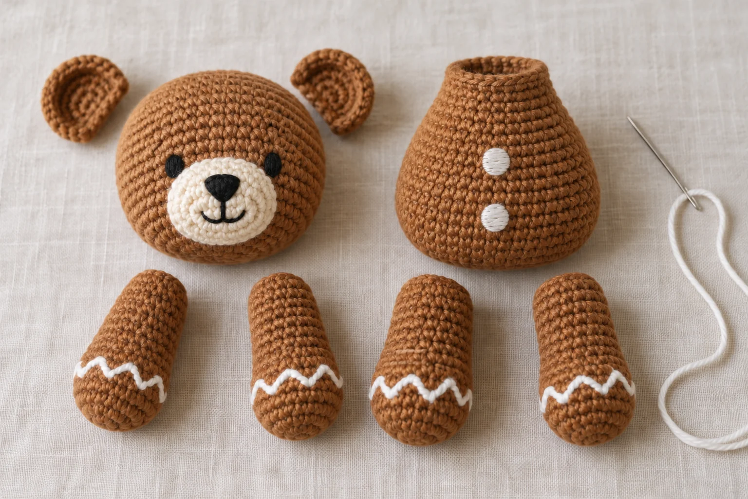 Crochet gingerbread bear pieces with embroidered black eyes and white icing details