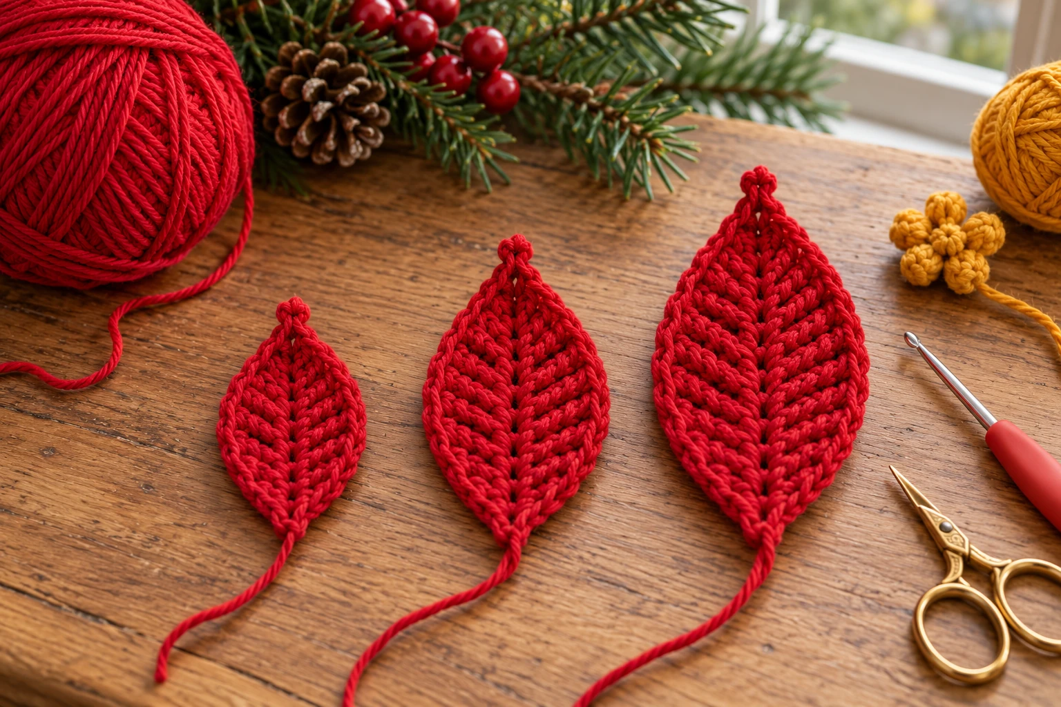 Crochet poinsettia petals in three sizes