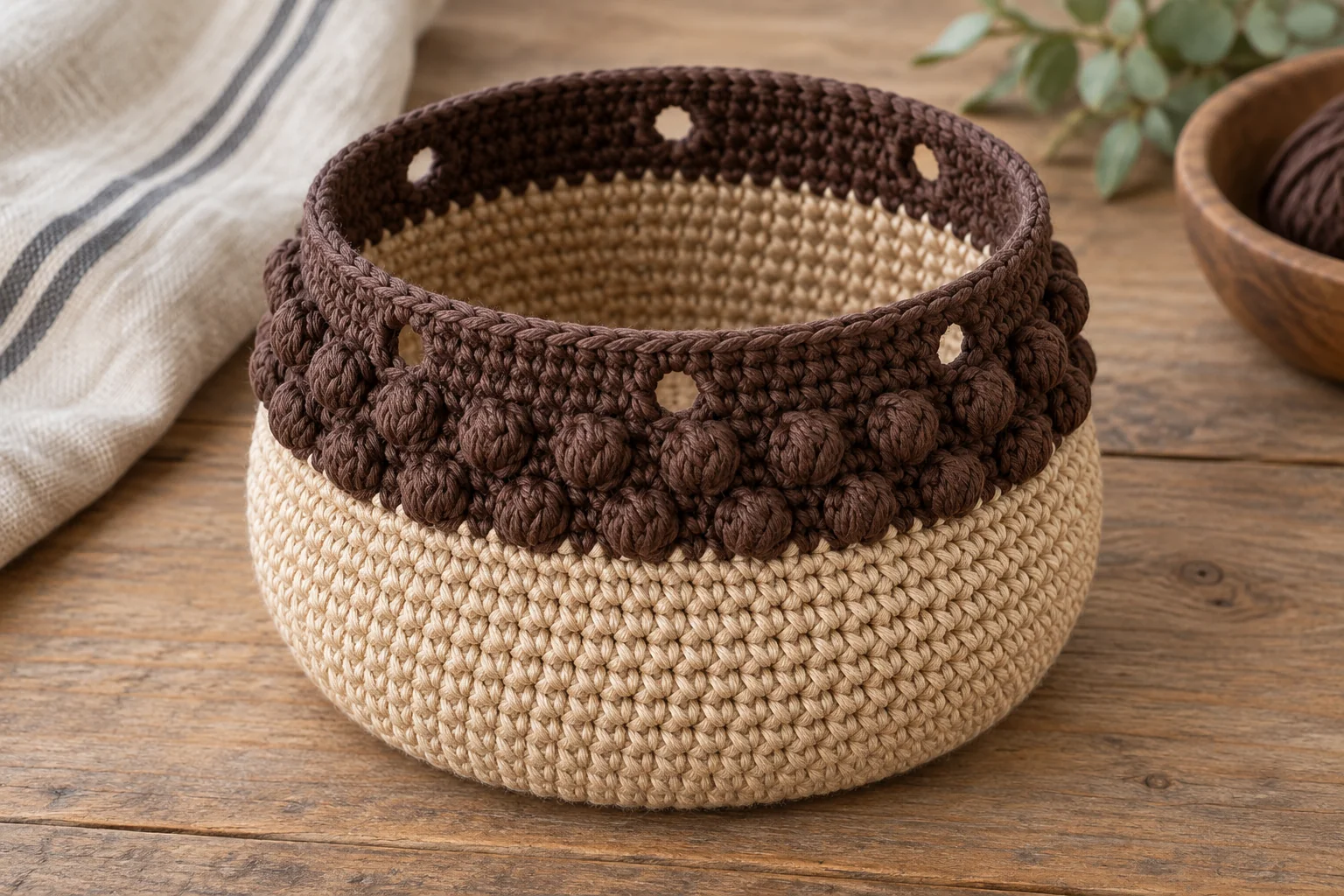 Drawstring eyelets around the brown upper rim of a crochet acorn pouch