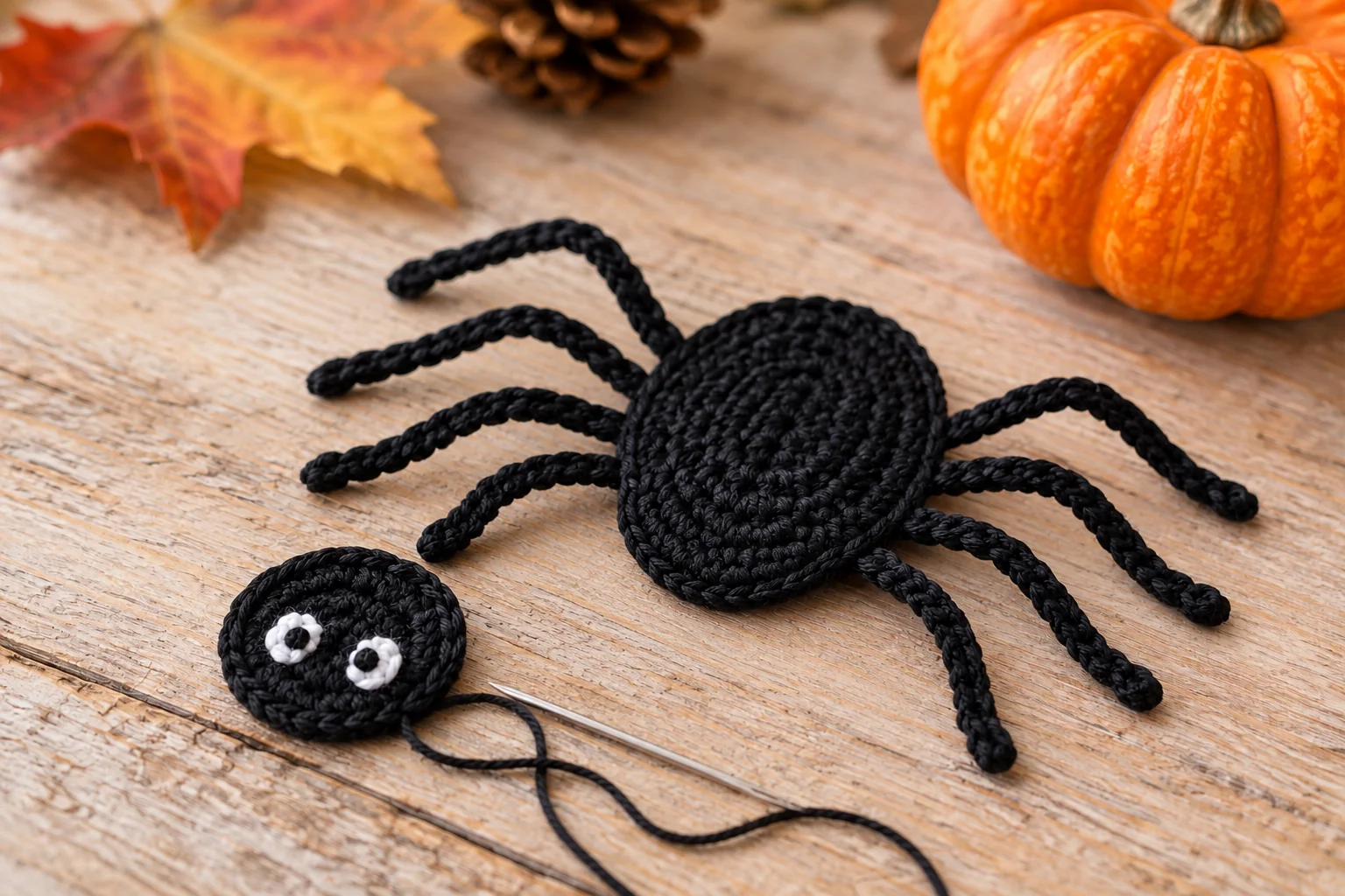 Eight crochet spider legs with separate embroidered head