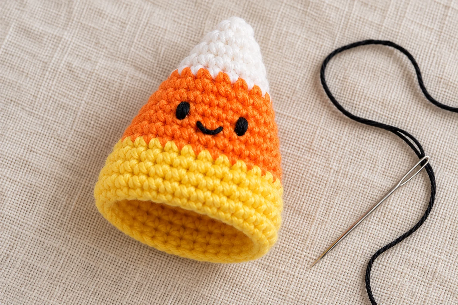 Embroidered face on the crochet candy corn keychain