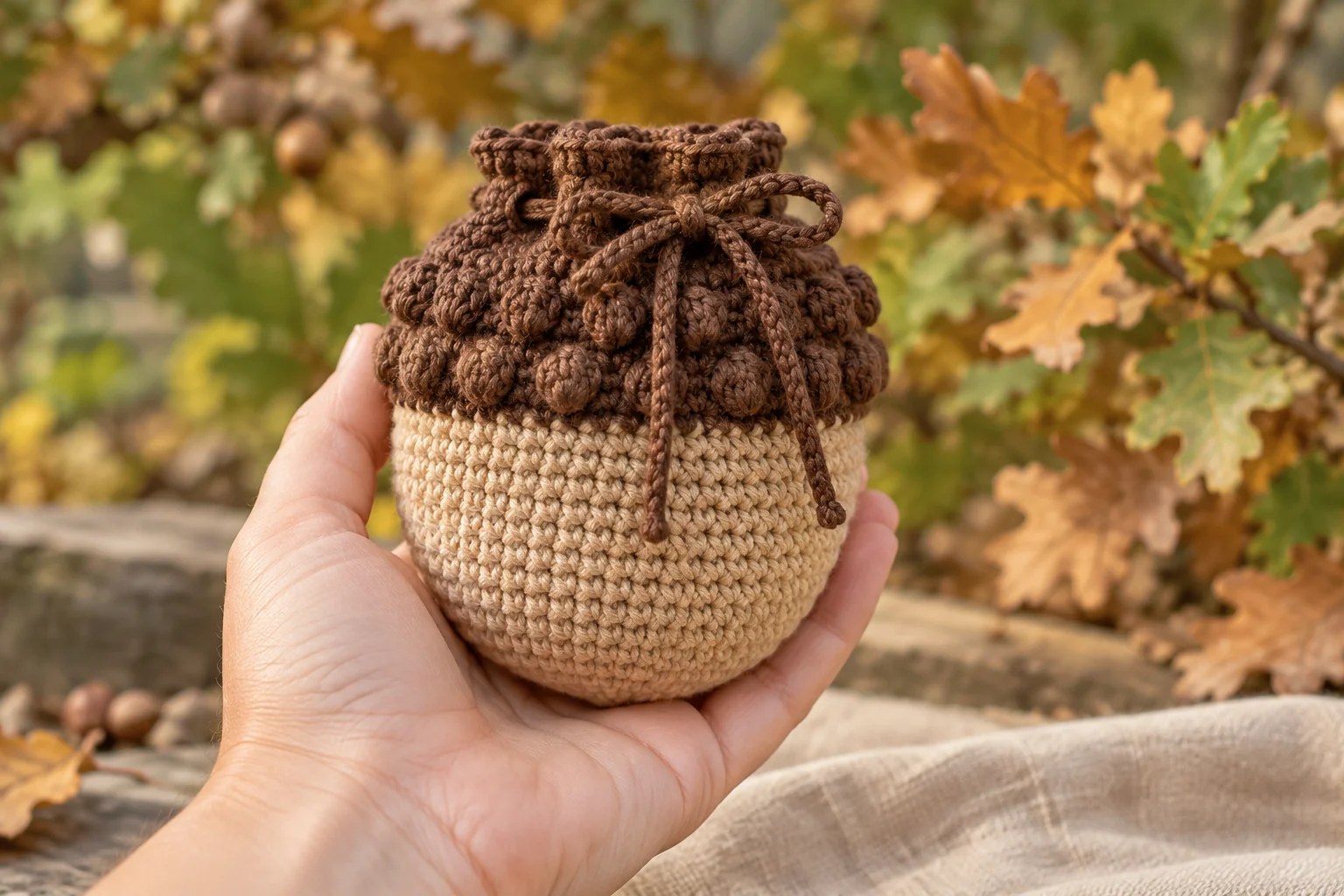 Finished crochet acorn drawstring pouch held in a hand