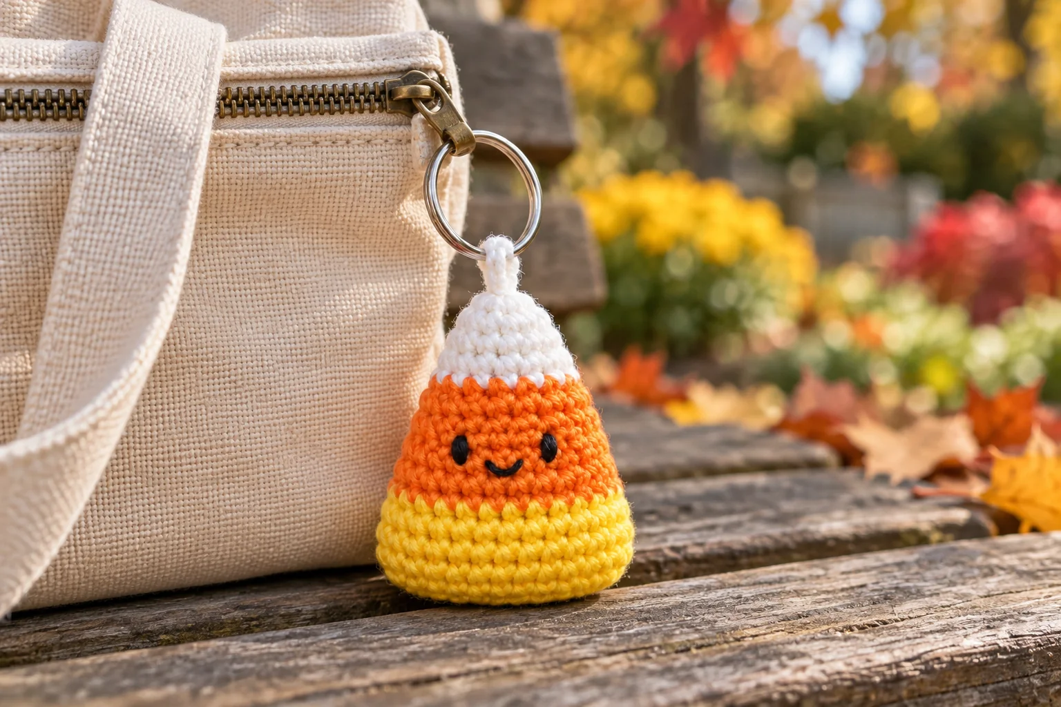Finished crochet candy corn charm attached to a bag