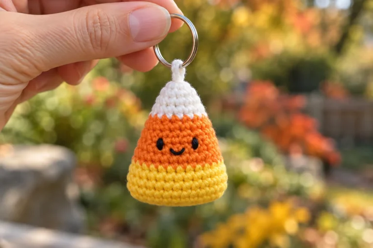 Finished crochet candy corn keychain with white, orange and yellow sections
