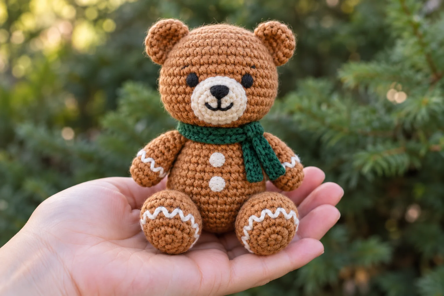 Finished crochet gingerbread bear held in a hand with a green scarf