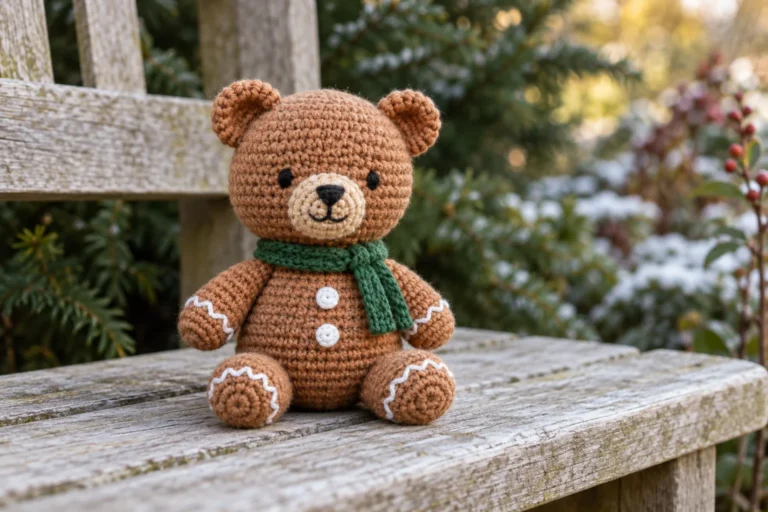 Finished crochet gingerbread bear with cream muzzle, white icing details and green scarf