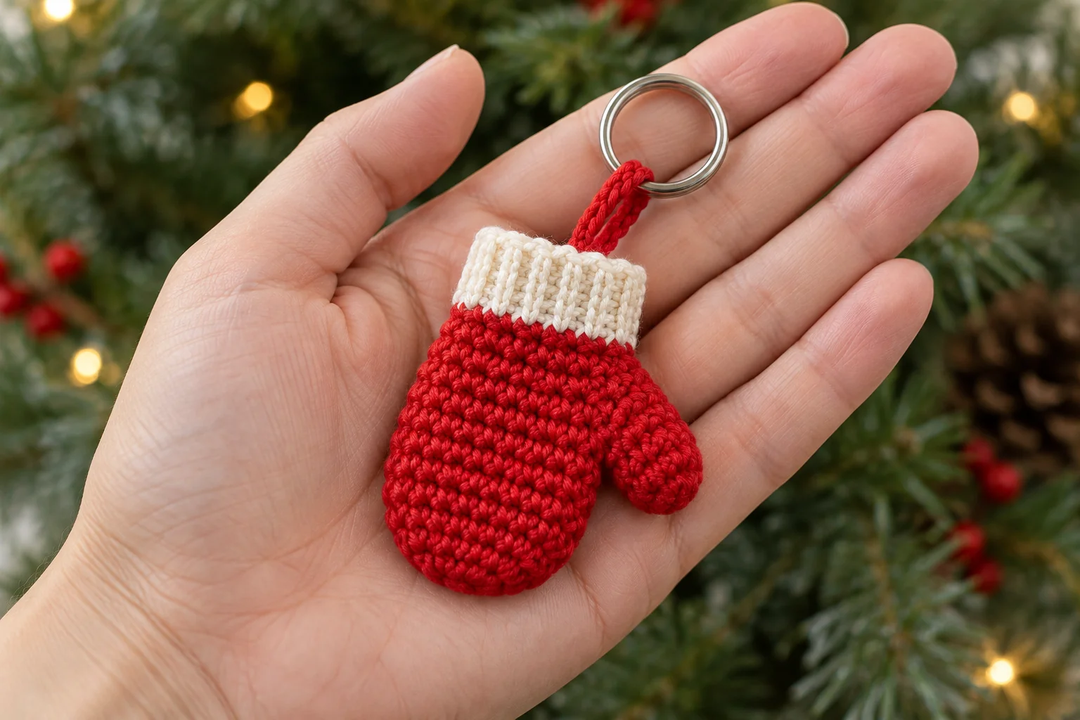 Finished crochet mini Christmas mitten keychain held in a hand