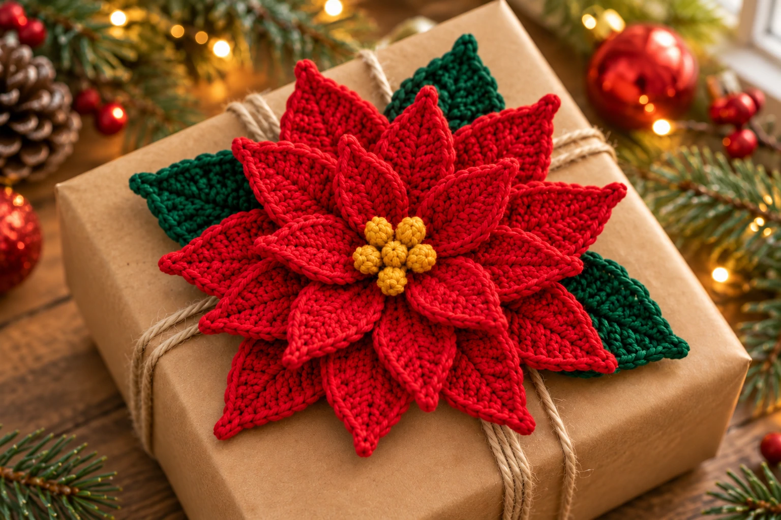 Finished crochet poinsettia decorating a kraft gift