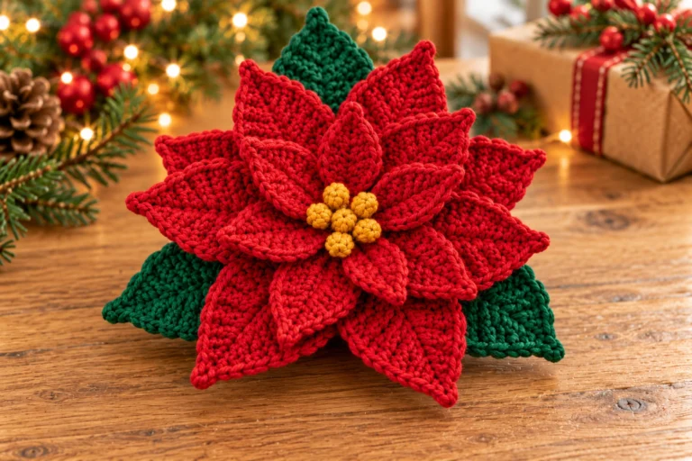 Finished crochet poinsettia with red petals, a golden center and three green leaves