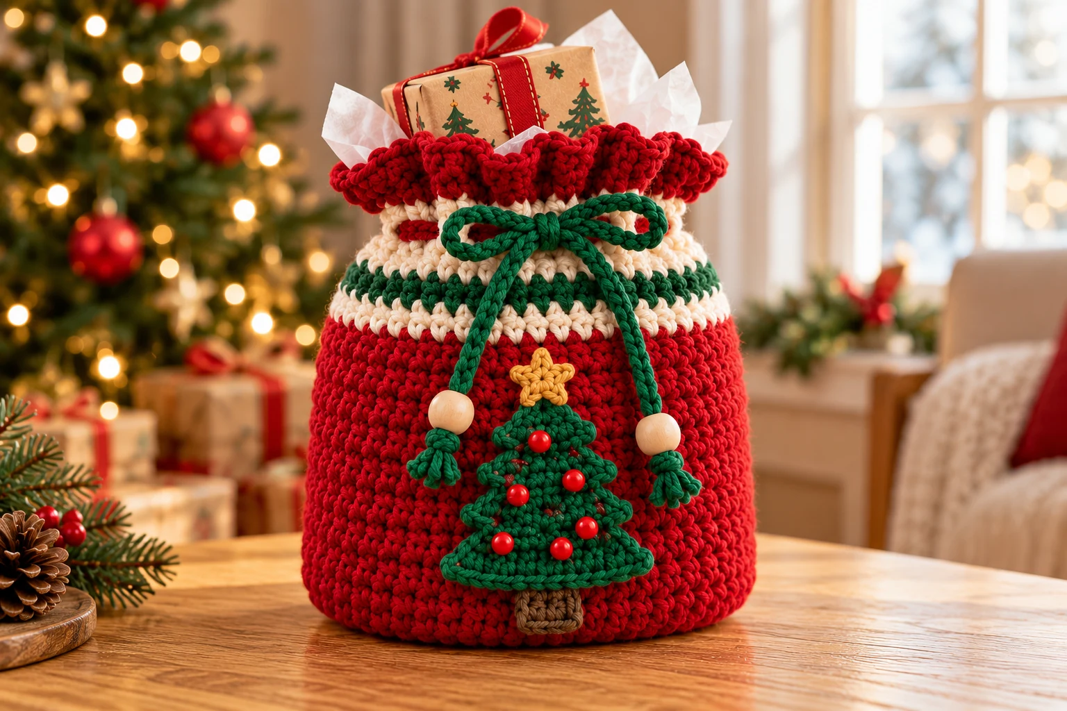Crochet Christmas Gift Bag – Free Drawstring Pattern