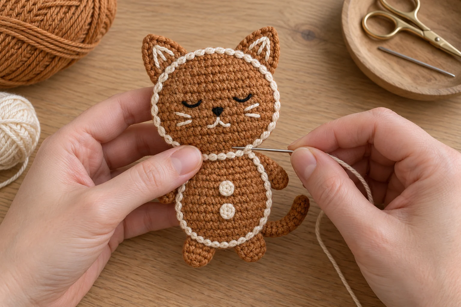 Sewing the flat gingerbread cat head and body together at the neck