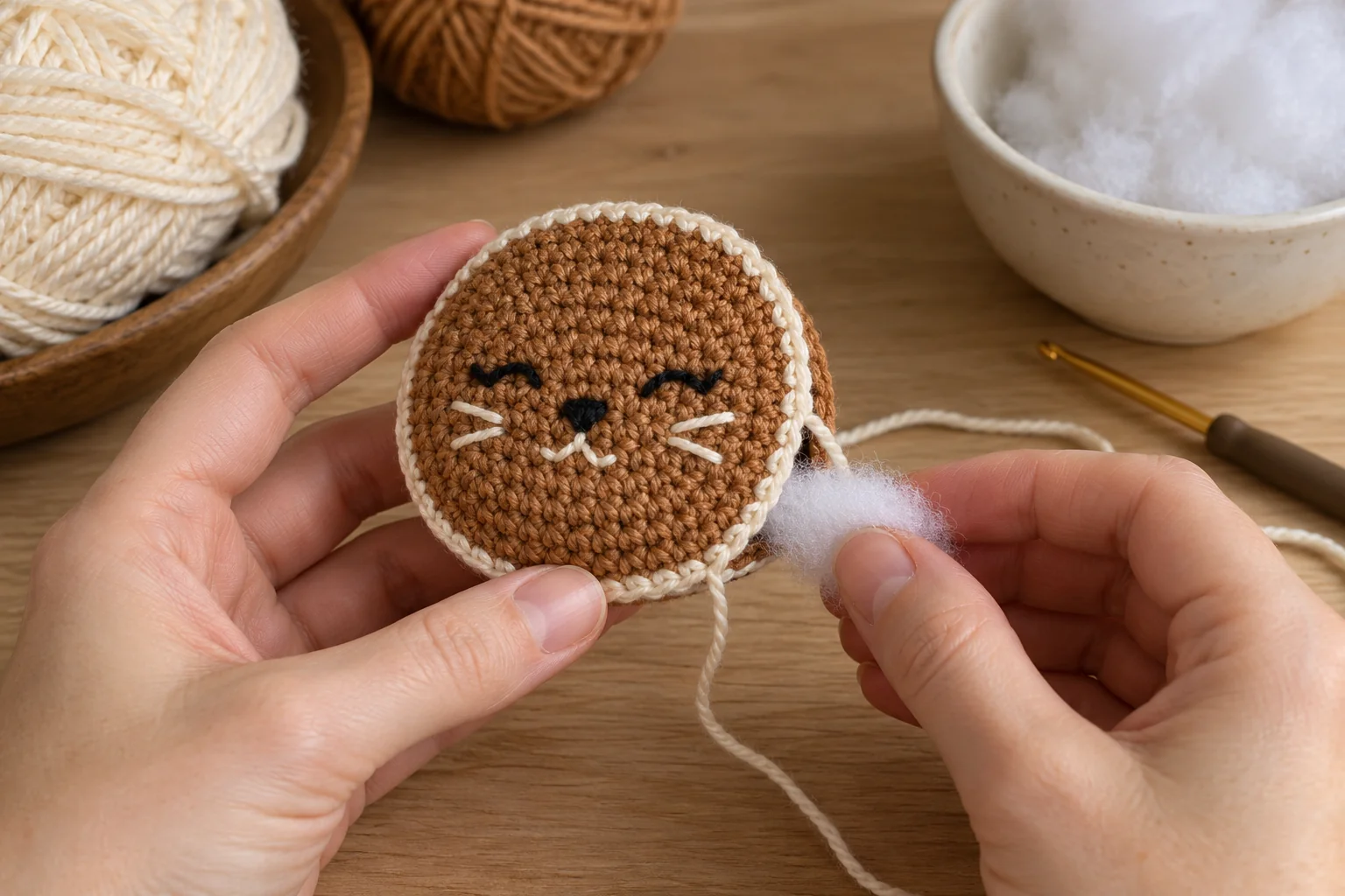 Joining brown head panels with cream crochet edging and light filling