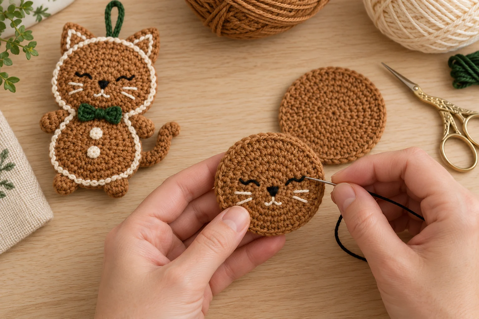 Embroidering the cat face on a flat caramel crochet head panel