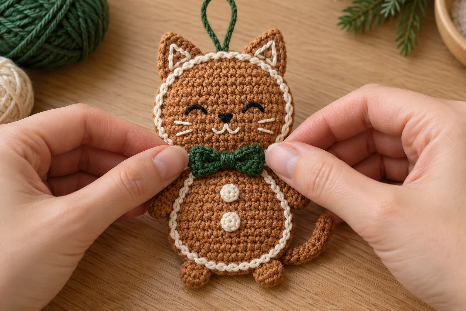 Attaching a green crochet bow to the finished gingerbread cat ornament