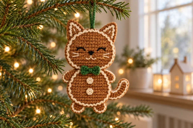 Caramel crochet gingerbread cat ornament with cream edging and green bow