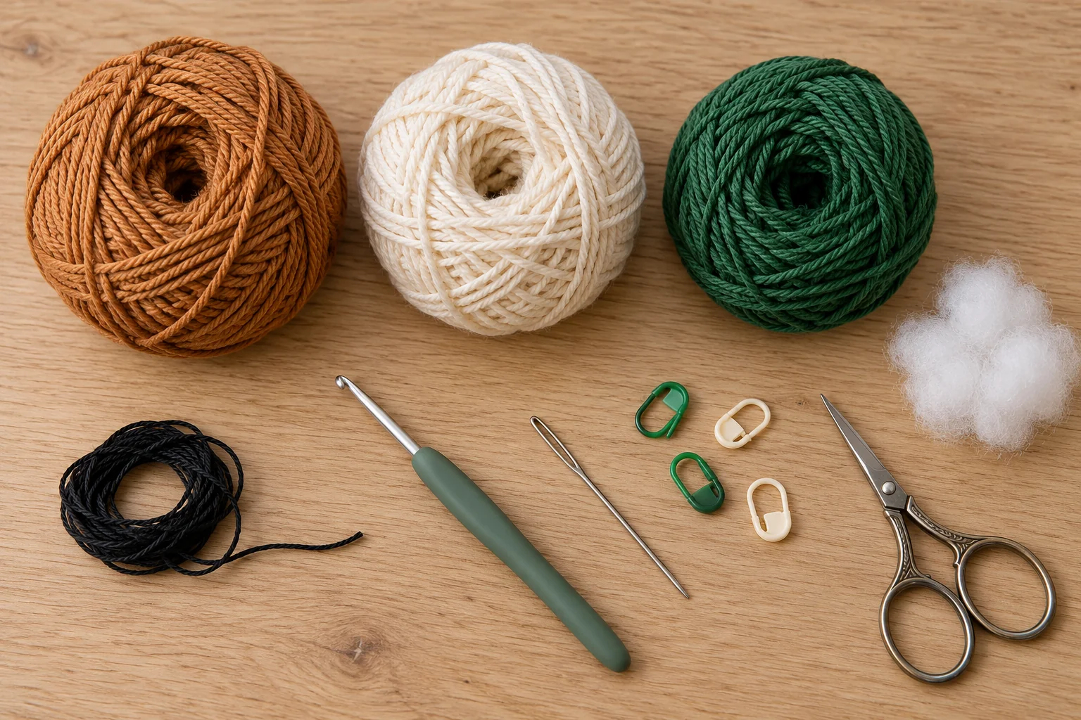 Brown, cream, and green cotton yarn with crochet tools and filling