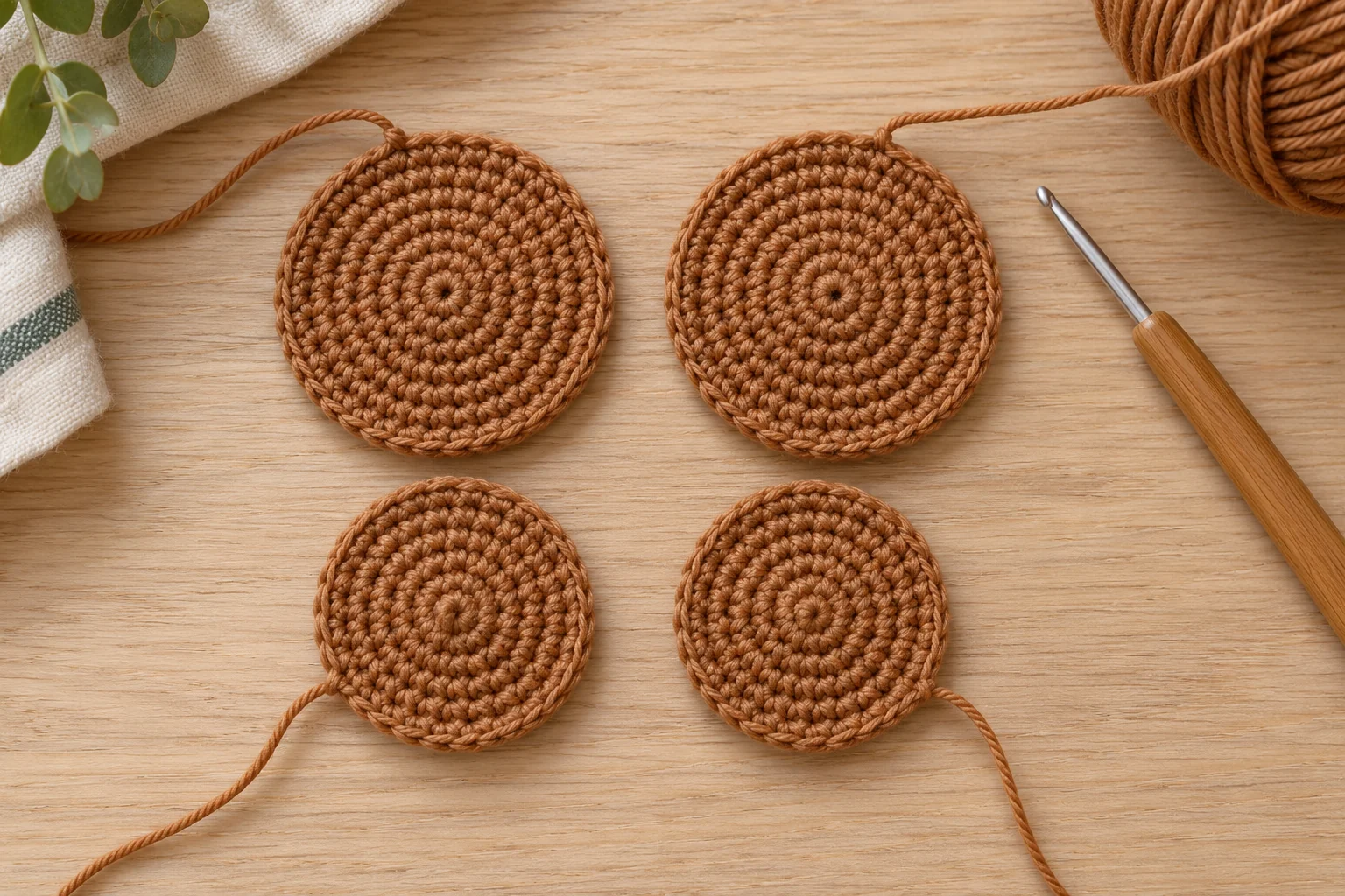 Two larger brown crochet head circles and two smaller body circles