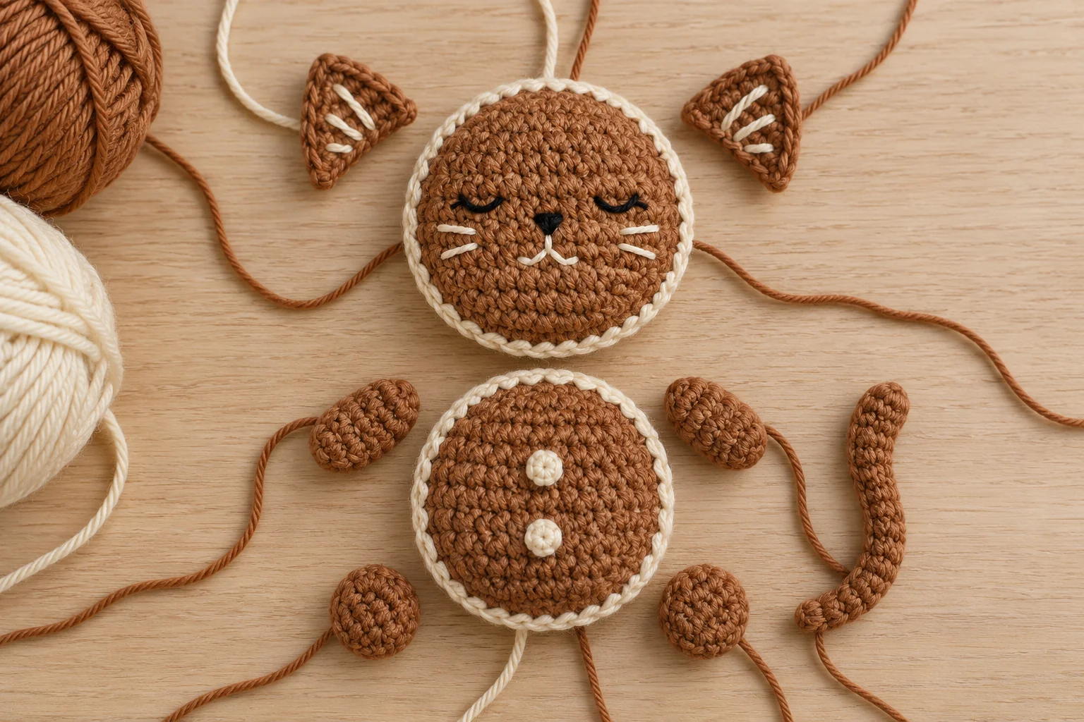 Gingerbread cat head, body, ears, limbs, and curved tail before assembly