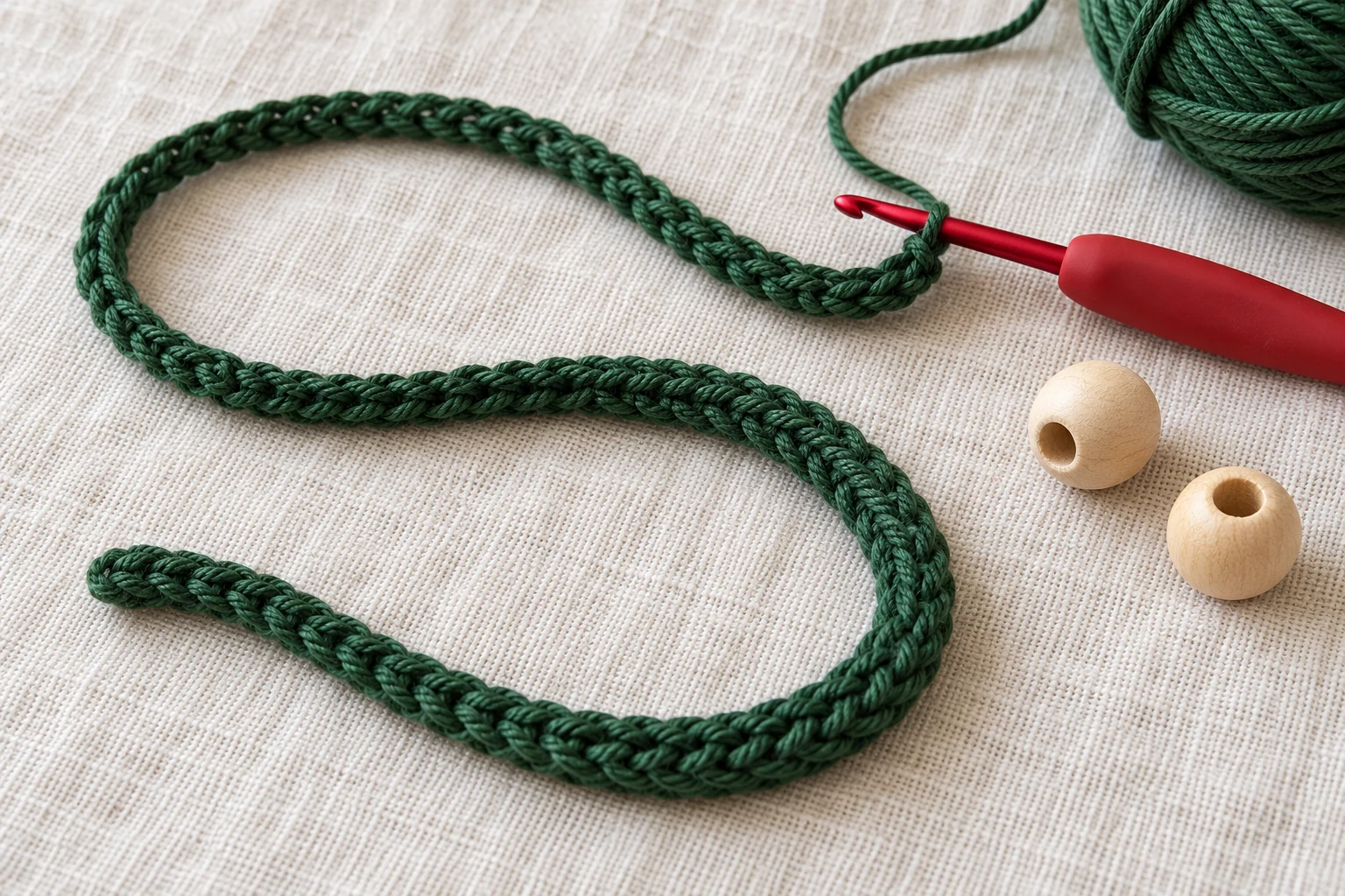 Green crochet drawstring cord and wooden beads