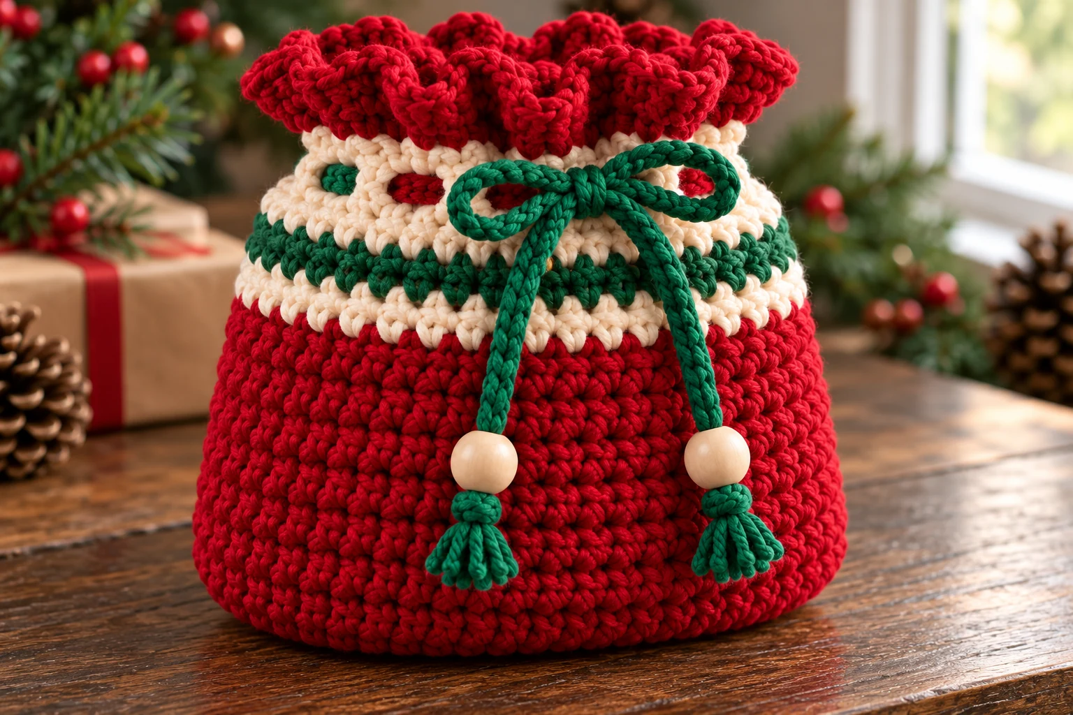 Green drawstring threaded through cream eyelets with wooden beads