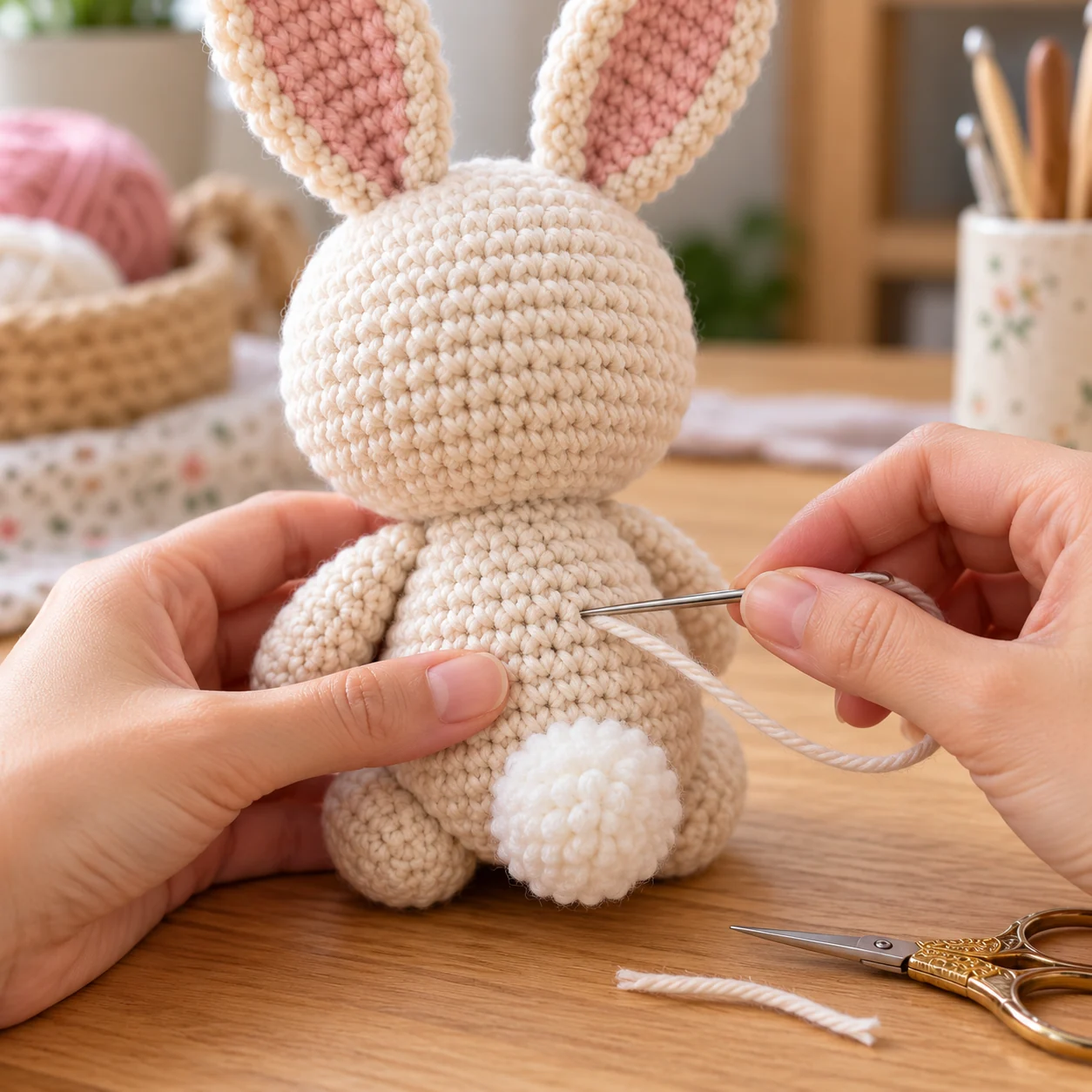 Hiding a yarn tail inside an amigurumi body with a tapestry needle