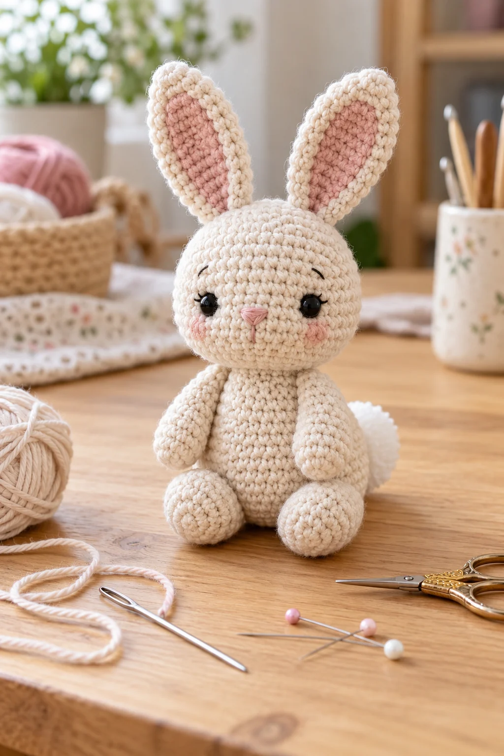 Finished crochet amigurumi bunny with sewing tools