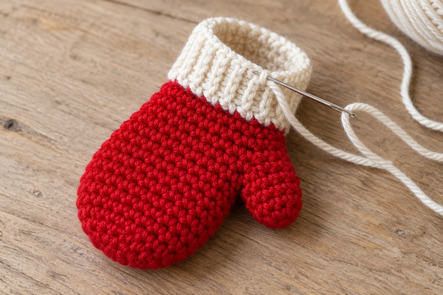 Ivory cuff being sewn around the red mini crochet mitten wrist