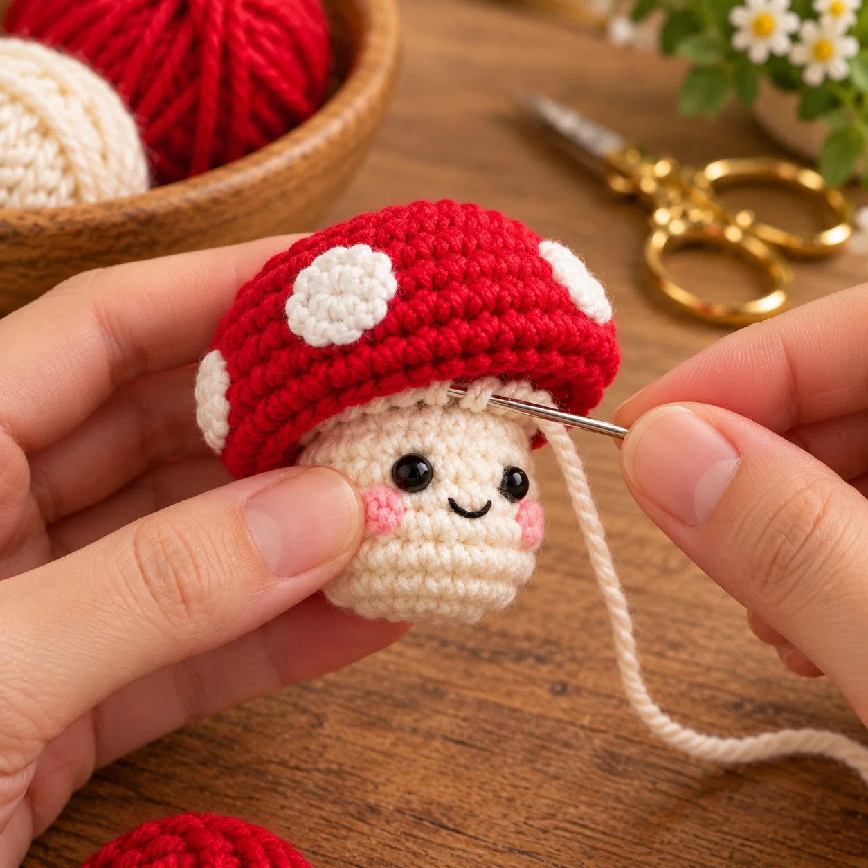 Sewing the cream mushroom stem to the red crochet cap