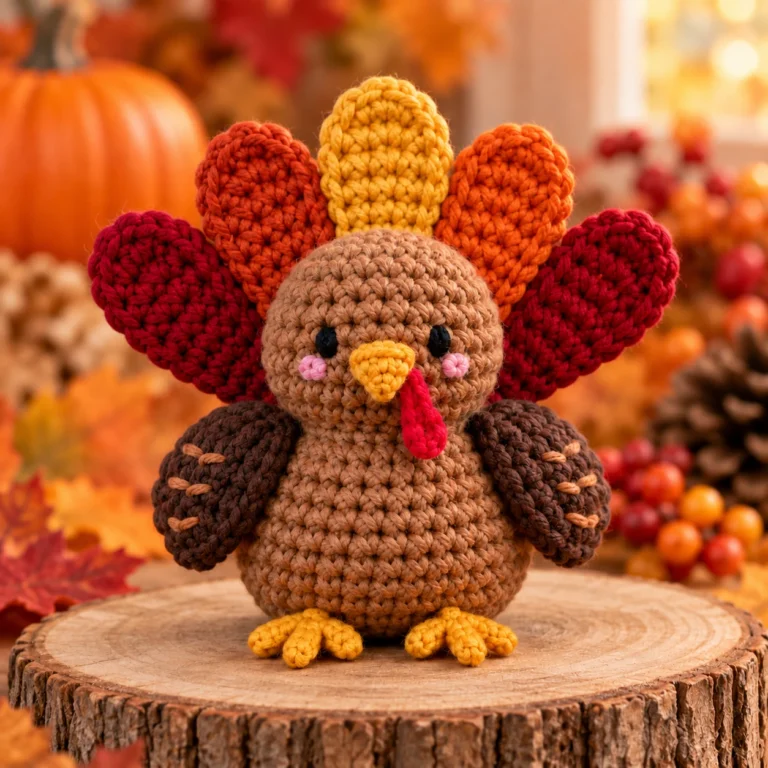 Finished mini crochet turkey with five autumn-colored tail feathers and brown wings