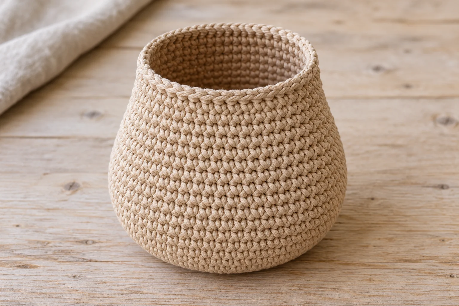 Open tan crochet pouch body before the brown cap