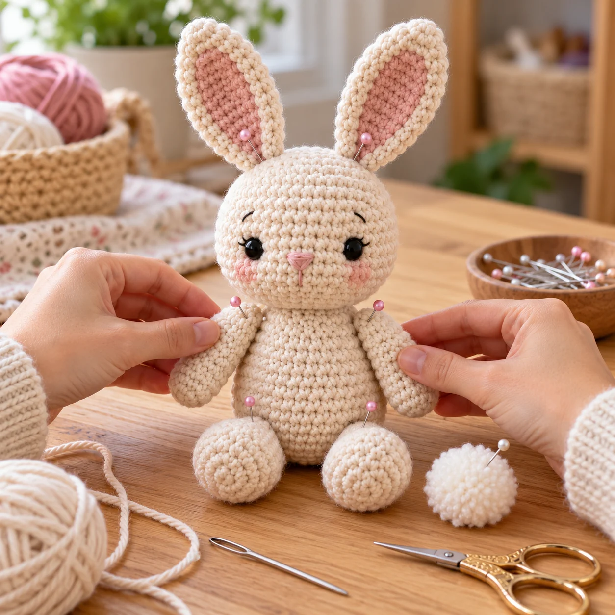 Pinning amigurumi arms and ears before sewing