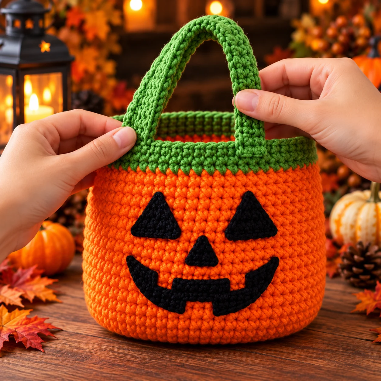 Positioning a green crochet handle on a Halloween trick-or-treat bag